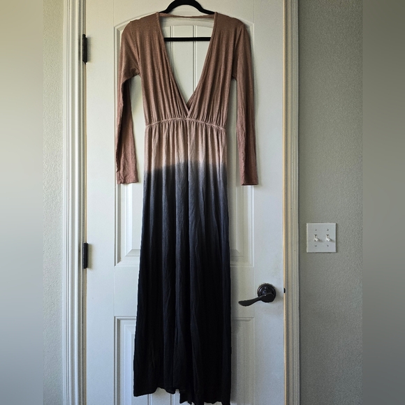 Anthropologie Fraiche by J Ombre Maxi Dress L Tan Black Plunge Boho Long Sleeve - Picture 3 of 14